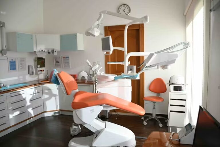 Orange chair at a dentist office.